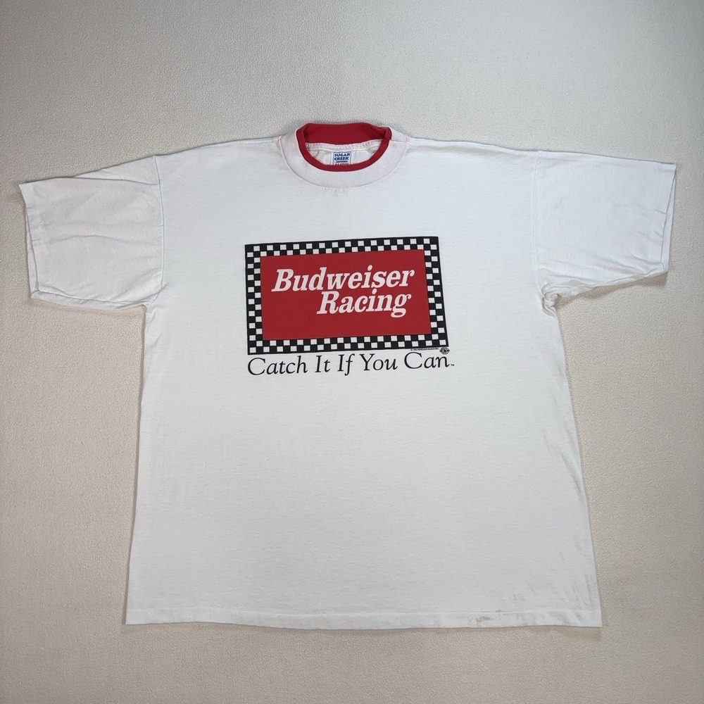 VTG Budweiser Racing Single Stitch T-Shirt Men's XL White Sugar Creek 1992 *READ